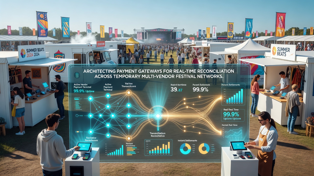 Netwerkdiagram van betalingsgateways in een festivalomgeving met meerdere vendors en realtime dataflows