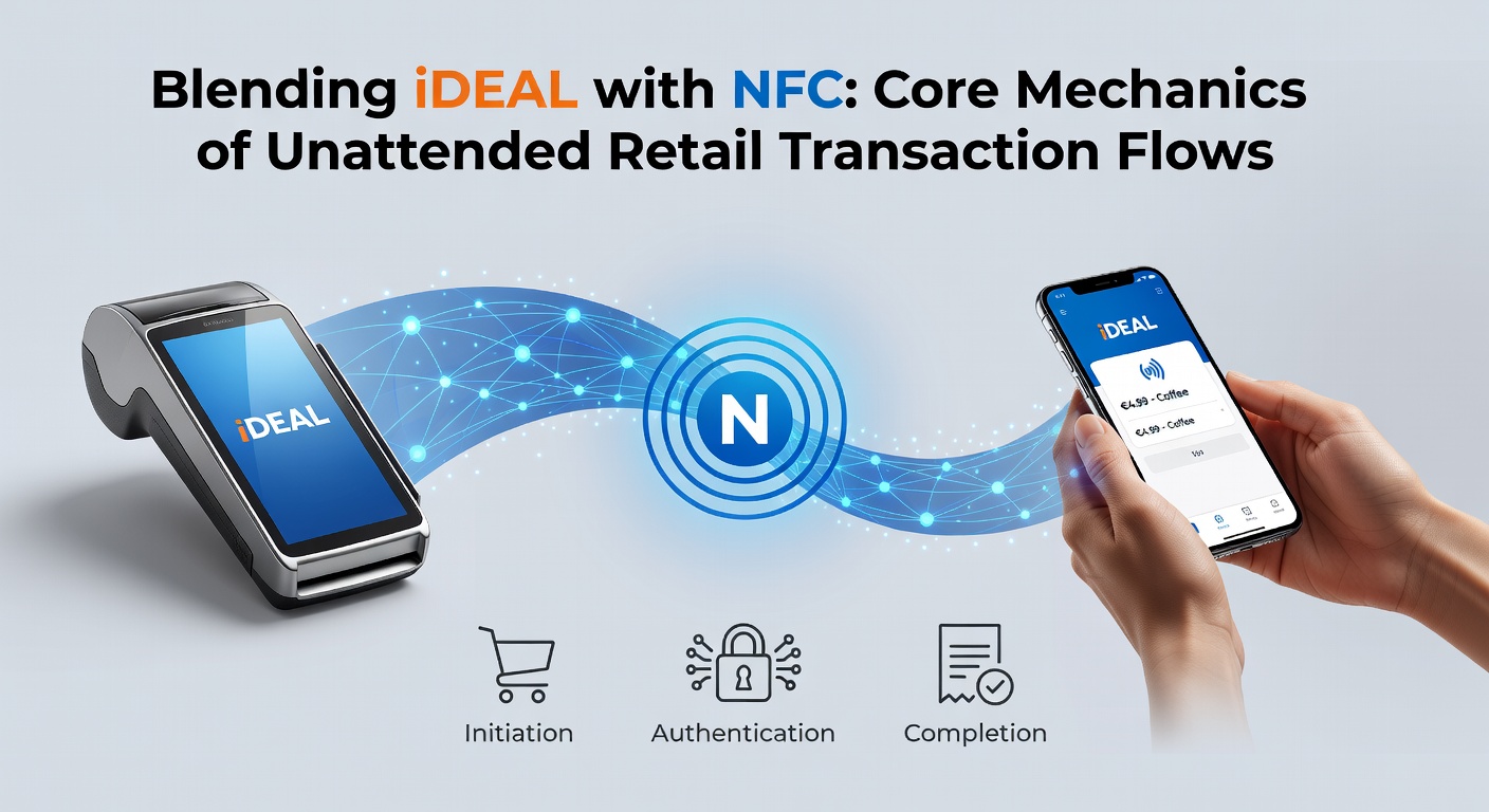 Schematische weergave van een NFC-lezer die iDEAL-betalingen activeert in een vendingmachine, met pijlstromen voor de transactieflow