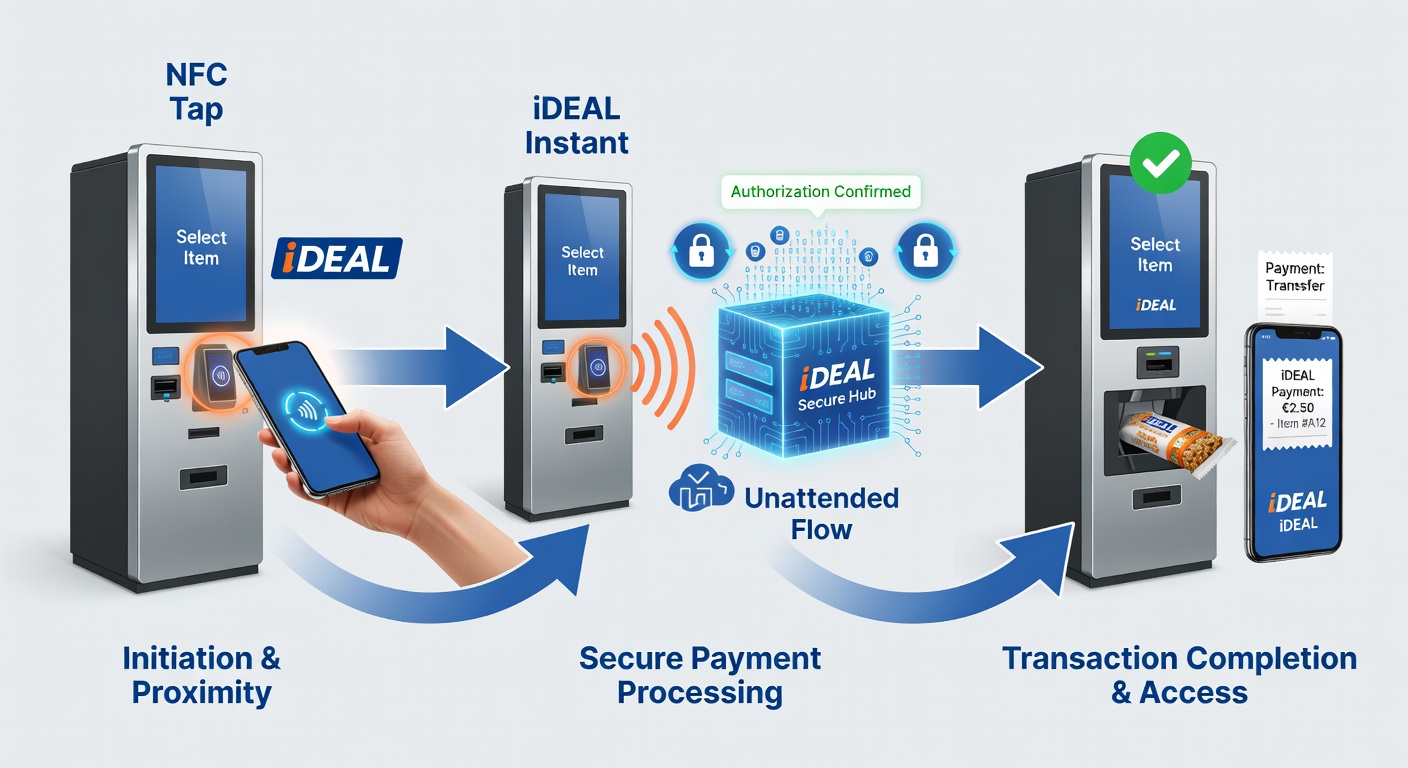 Gedetailleerd diagram van de iDEAL-NFC transactieketen, met stappen van tap tot bevestiging en settlement in onbemande retail