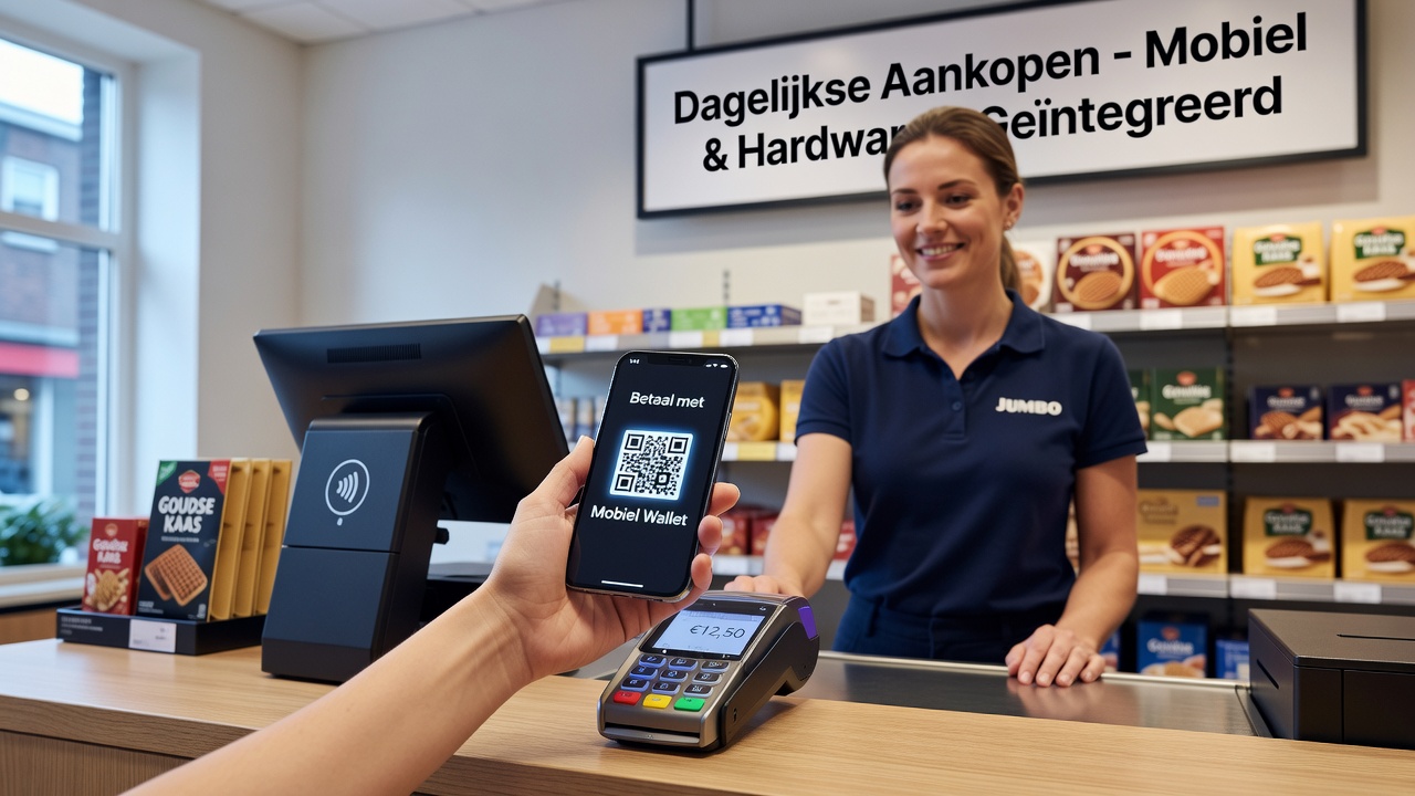 Overzicht van contactloze betalingssystemen waarbij mobiele wallets verbinding maken met stationaire POS-terminals in een Nederlandse winkelomgeving