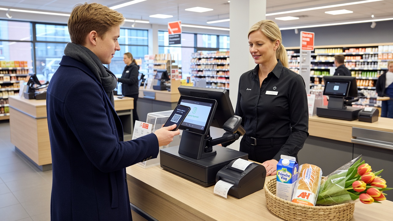 Detailopname van een NFC-transactie waarbij een mobiele wallet verbinding maakt met een stationaire betaalterminal in een Nederlands retail checkout scenario