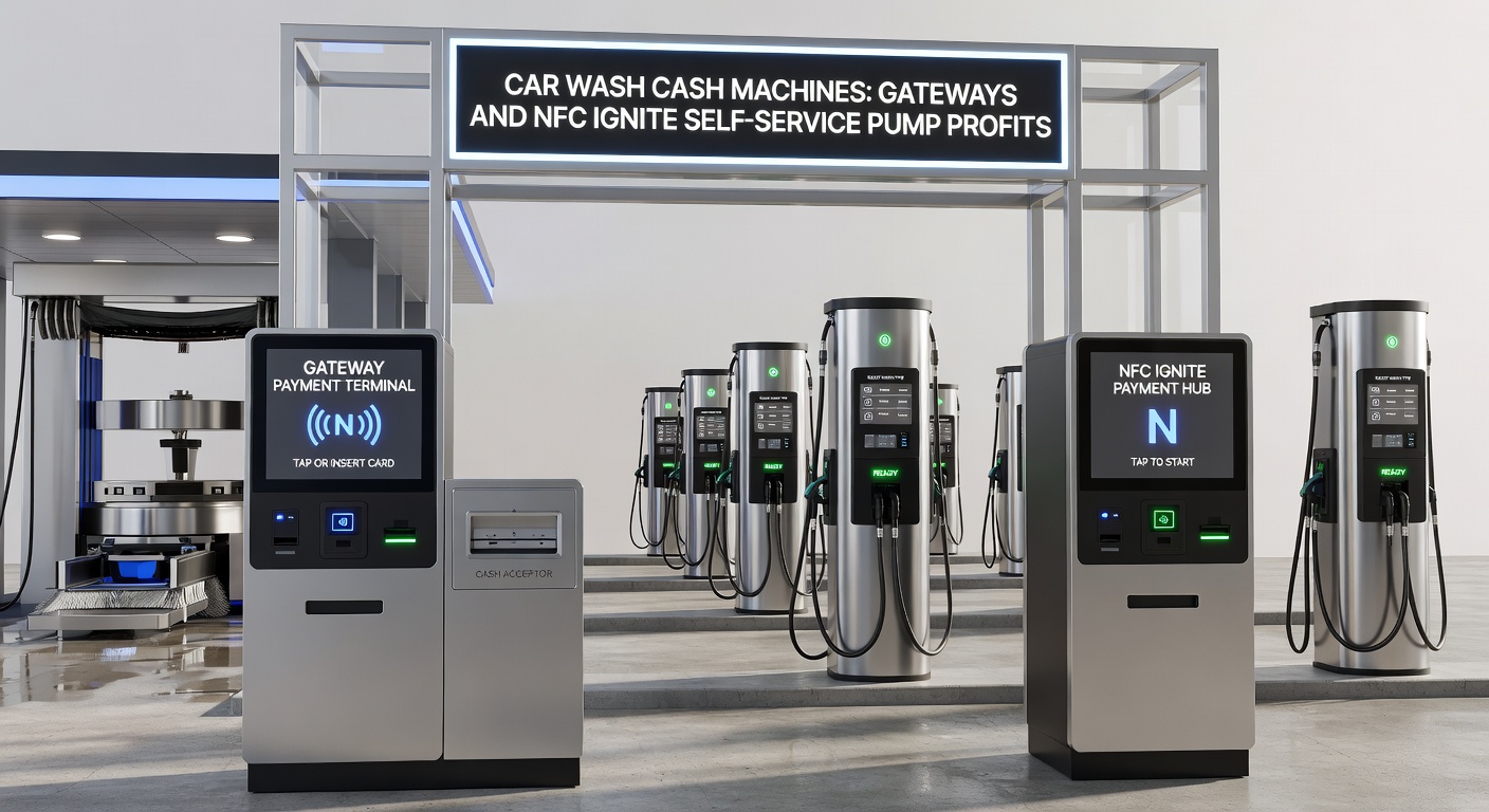 Moderne autowasbox met geïntegreerde contantgeldmachine en NFC-lezer naast een zelfbedieningspomp, verlicht in de avonduren