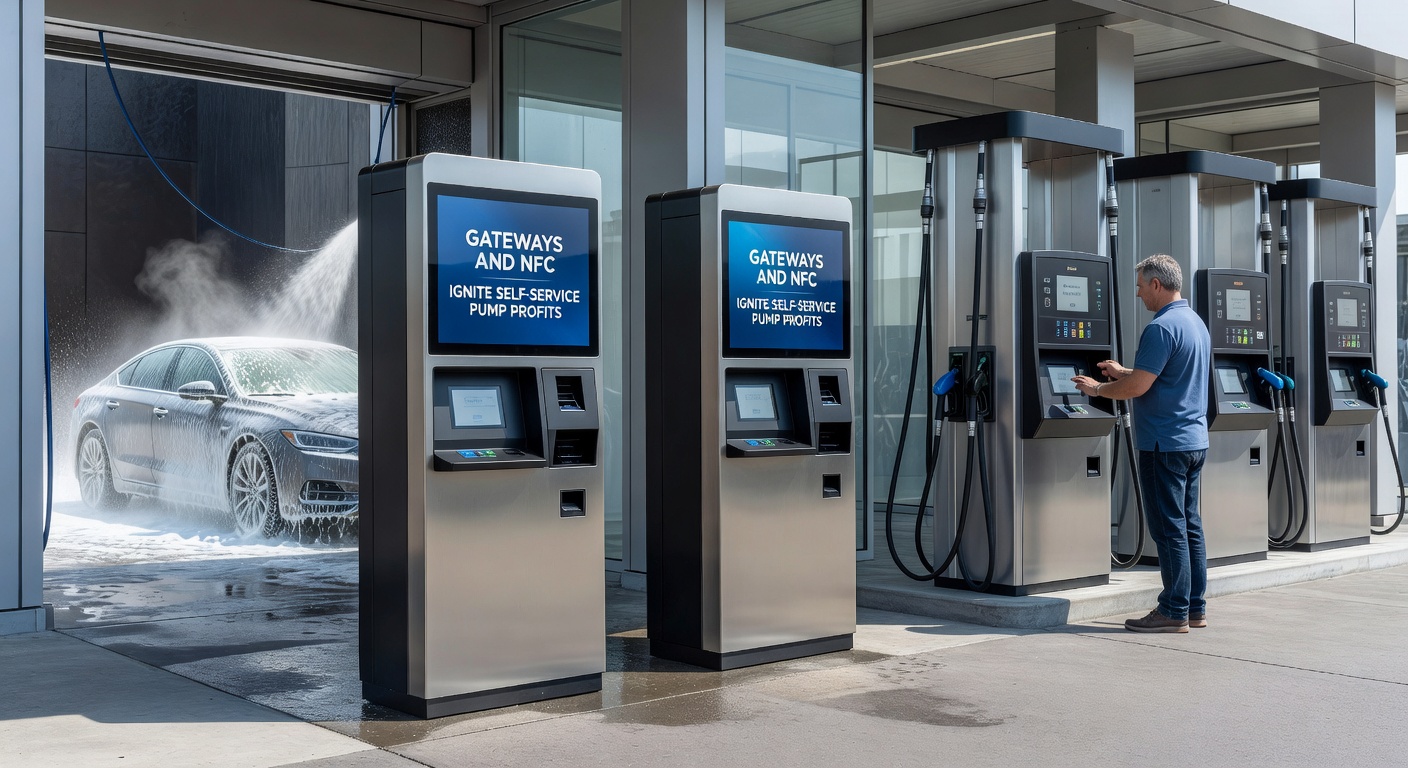 Sluit-up van een NFC-betaallezer en contantgeldinvoer bij een zelfbedieningsautowaspomp, met druppels water op de glimmende oppervlakken