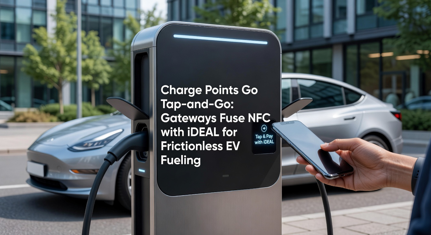 Moderne EV-laadpaal met NFC-tap en iDEAL-integratie in actie bij een oplaadstation