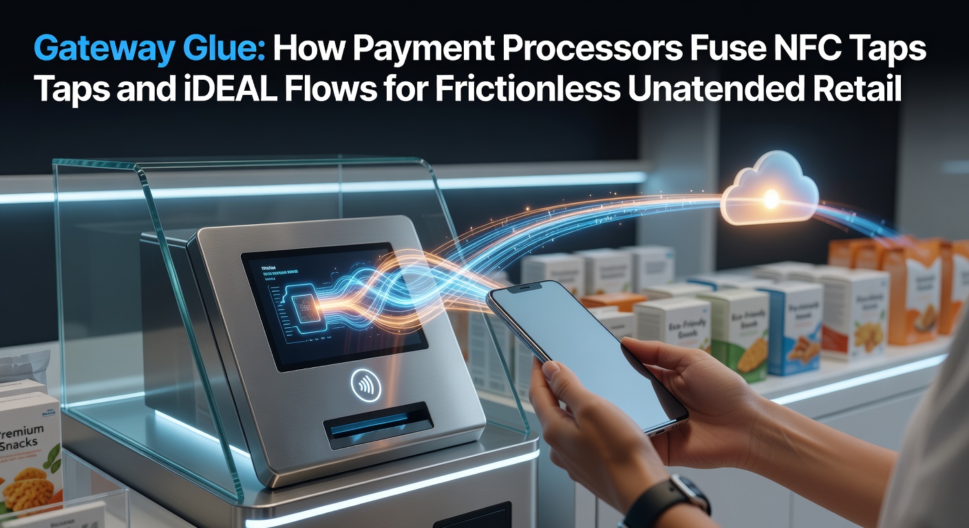 Contactloze NFC-tap op een moderne vendingmachine, geïntegreerd met iDEAL-betalingen voor onbemande transacties