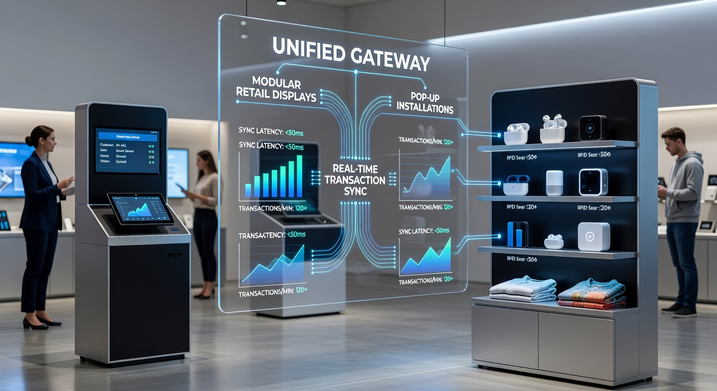 Unified gateways die real-time transacties synchroniseren over modulaire retail displays en pop-up installaties in een drukke winkelomgeving