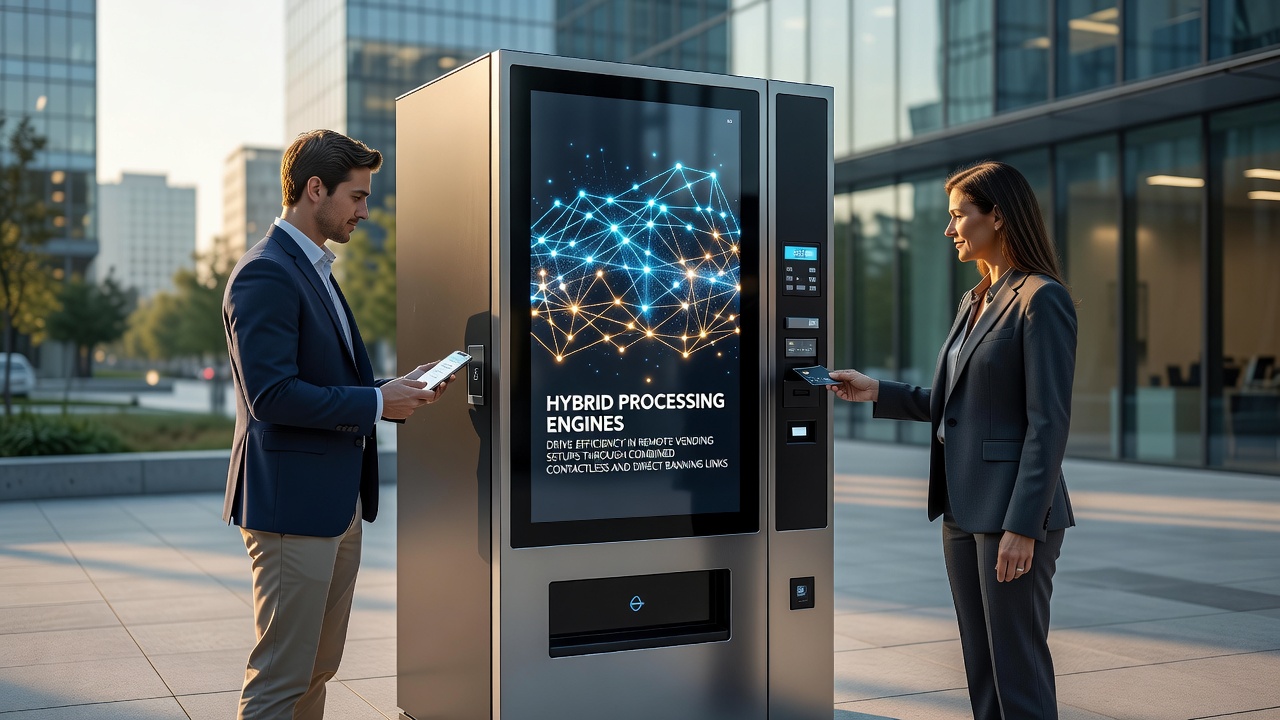 Hybride verwerkingsengines in vendingmachines die contactloze betalingen en directe bankkoppelingen combineren voor efficiënte transacties