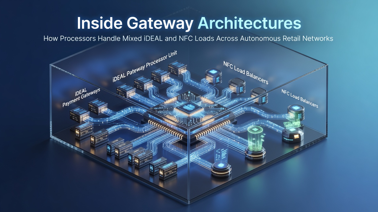 Processor architecture diagram showing iDEAL and NFC load balancing across retail networks