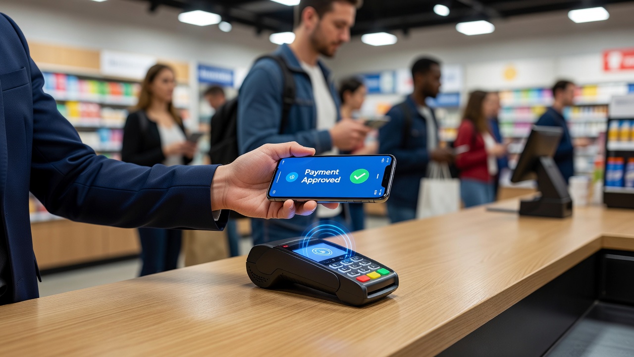 Digitale portemonnees en fysieke readers in een drukke retailomgeving