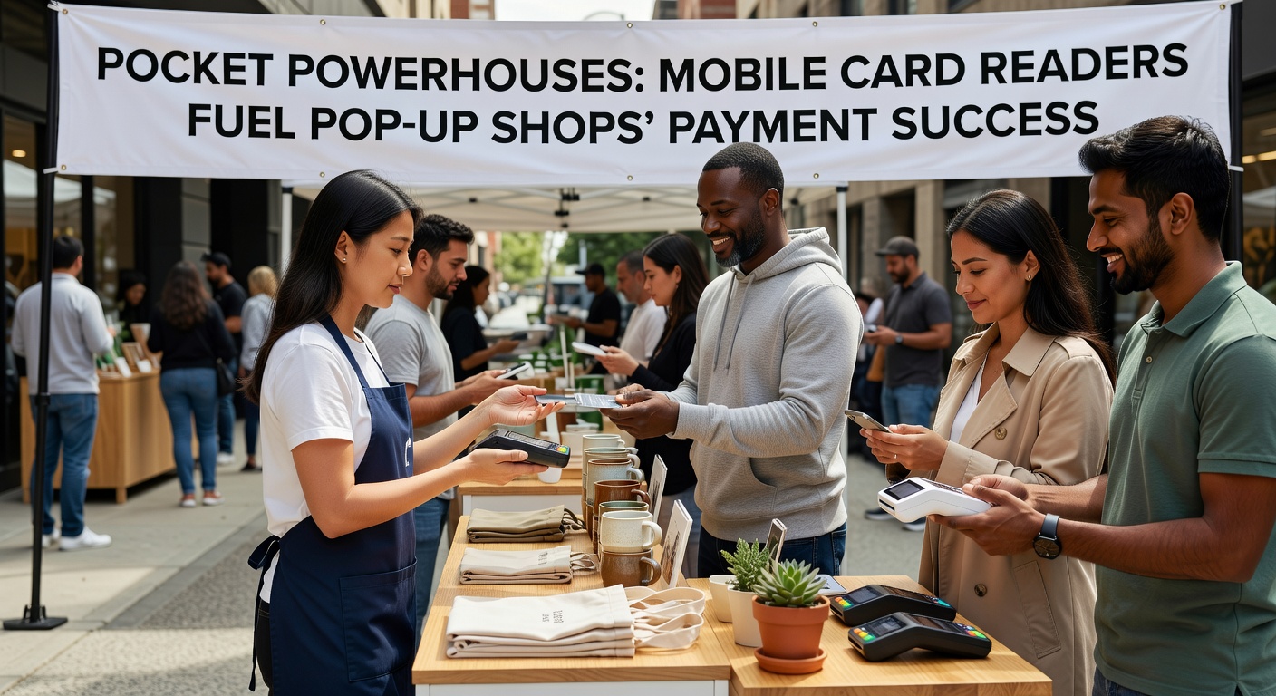 Ondernemer met mobiele kaartlezer bij een pop-up markt, omringd door enthousiaste klanten die vlot betalen