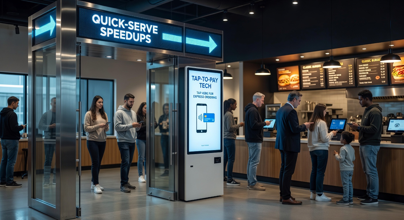 Drukke wachtrij bij een hamburgerketen voor en na invoering van tap-to-pay technologie, met klanten die razendsnel betalen