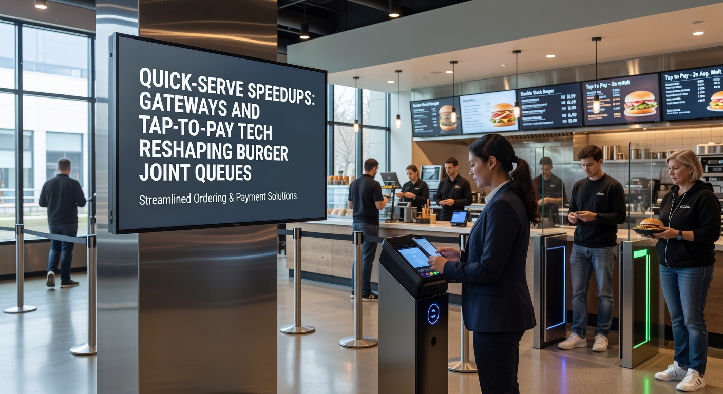 Klanten gebruiken tap-to-pay bij een self-service kiosk in een burgerrestaurant, met gateway-integratie zichtbaar op het scherm