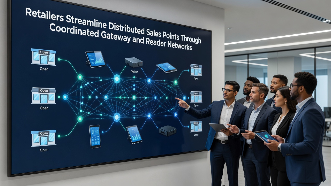 Detailopname van een geïntegreerd readernetwerk dat verbinding maakt met een centrale gateway in een retailsetting
