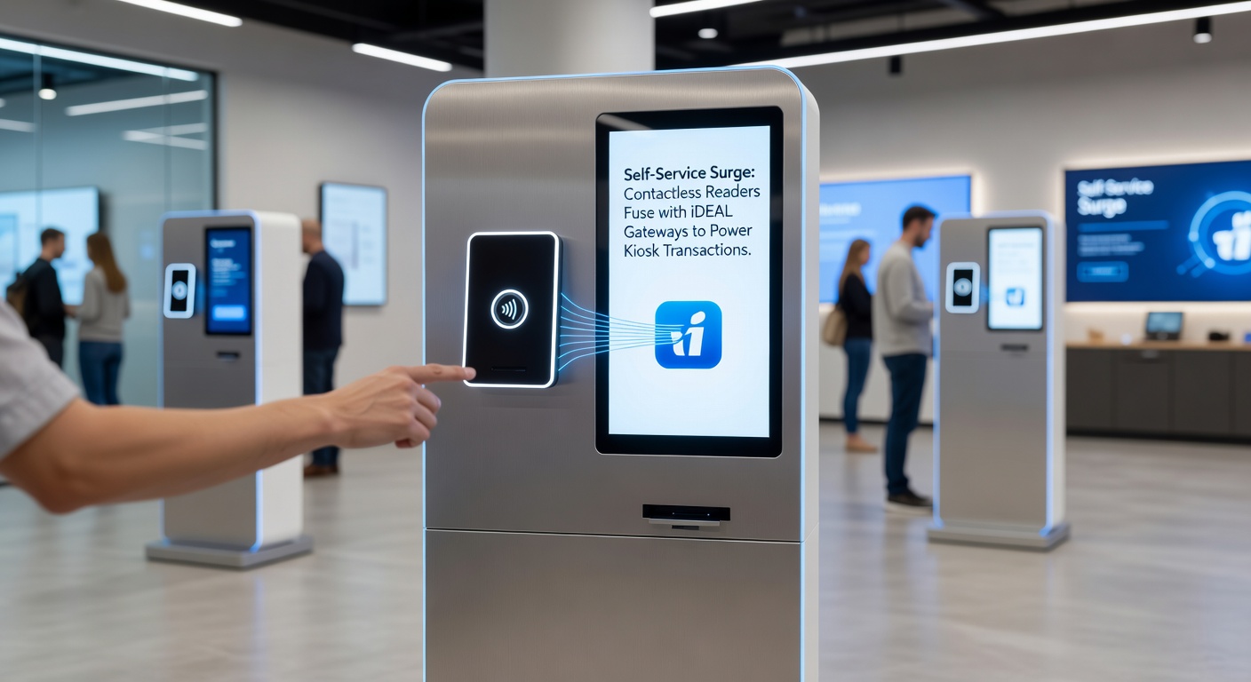 Voorbeeld van een moderne kiosk met NFC-lezer en iDEAL-integratie in een retailomgeving