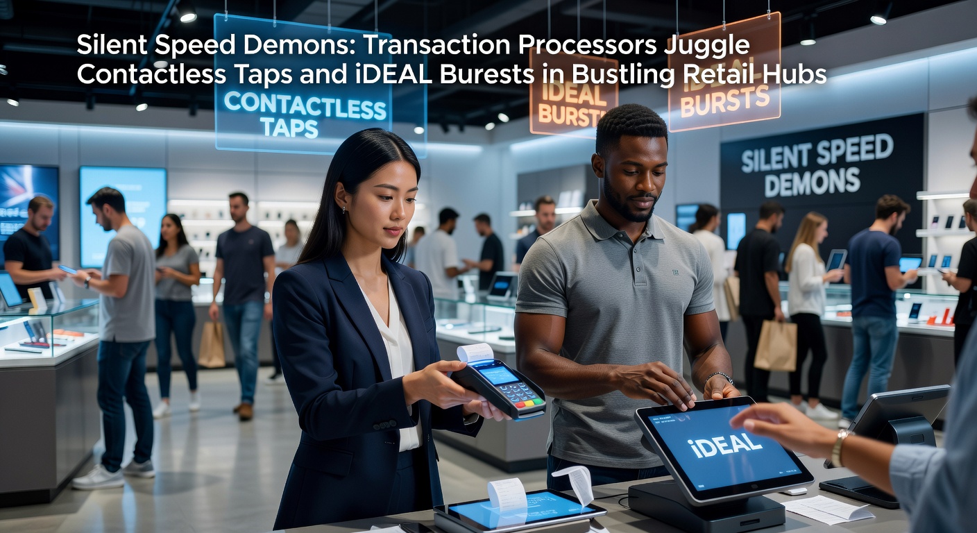 Afbeelding van een drukke kassa in een winkelcentrum waar contactloze betalingen en iDEAL-transacties tegelijkertijd worden verwerkt, met zichtbaar NFC-pins en pieken in activiteit