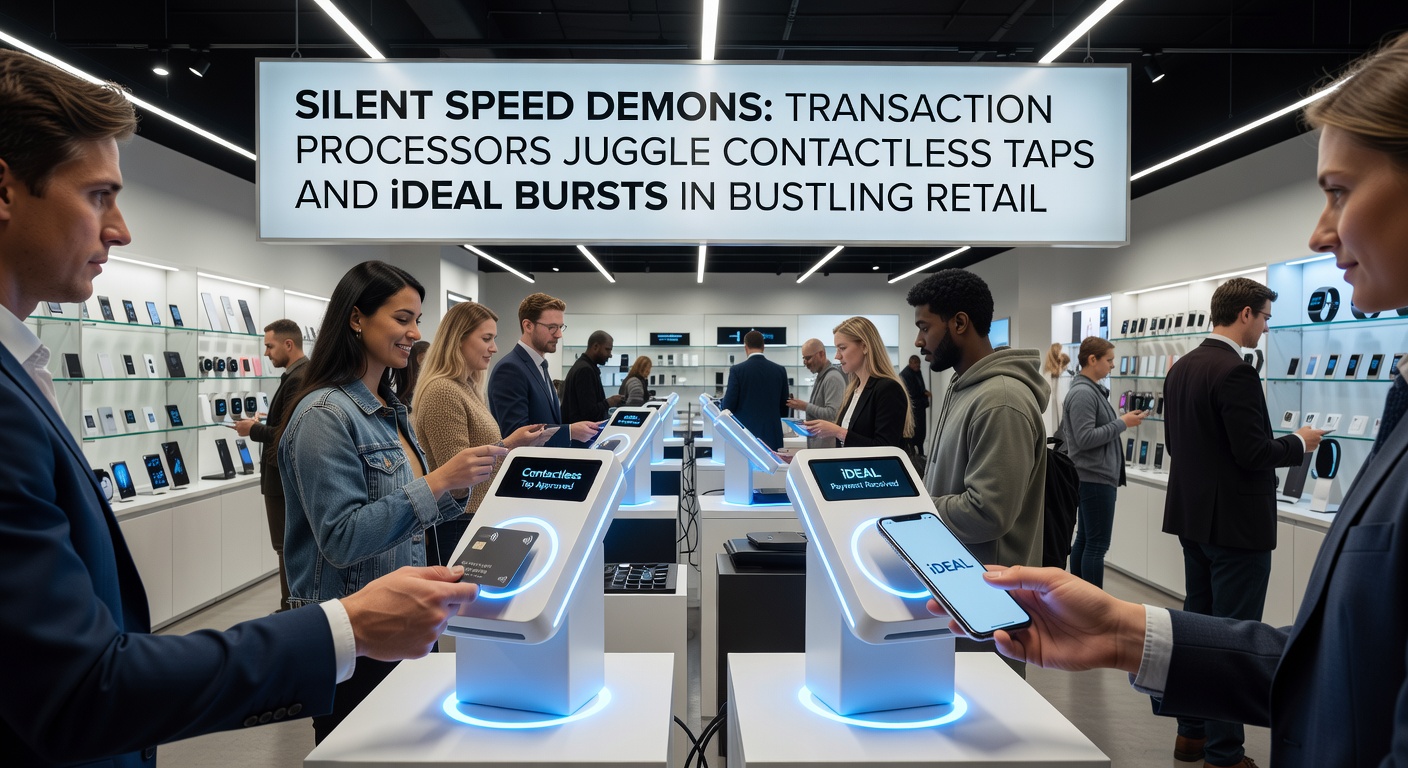 Grafiek en visualisatie van transactiepieken in een retailomgeving, met lijnen voor NFC-contactloze betalingen en spikes voor iDEAL-transacties tijdens piekuren