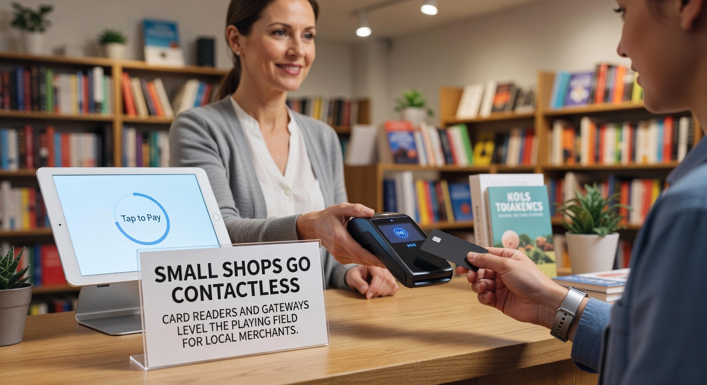 Een kleine winkelier scant een contactloze betaalkaart met een compacte kaartlezer bij de kassa, terwijl klanten in de rij wachten