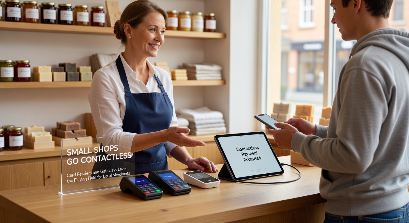 Verschillende compacte kaartlezers en een betalingsgateway op een tafel in een kleine winkel, met een laptop en pinpas in beeld voor integratie