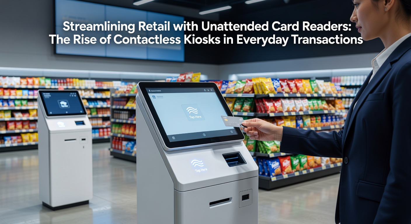 Contactloze kaartlezer in actie bij een onbemande retailkiosk, met klant die tapt en direct bevestiging krijgt