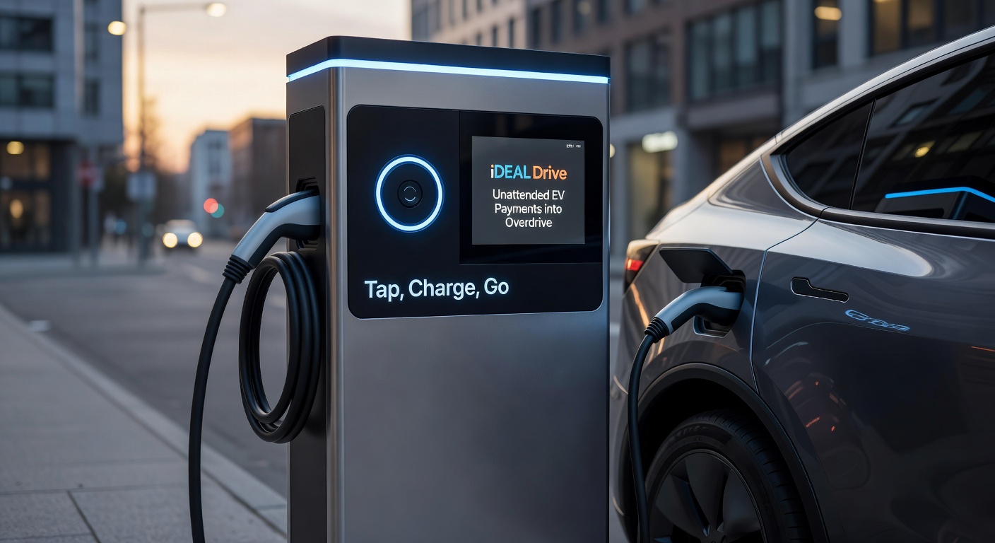 Grafiek met stijgende lijnen van EV-transacties via NFC en iDEAL, met icons van laadpalen en smartphones