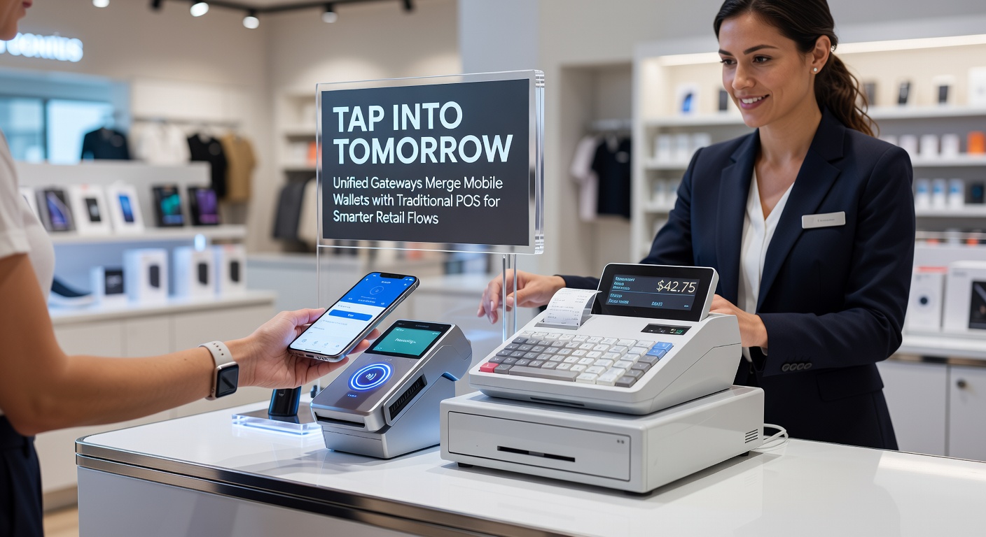 Afbeelding van een moderne POS-terminal die een mobiele wallet-transactie verwerkt in een bruisende winkelomgeving, met NFC-symbolen en betaalapps zichtbaar op schermen