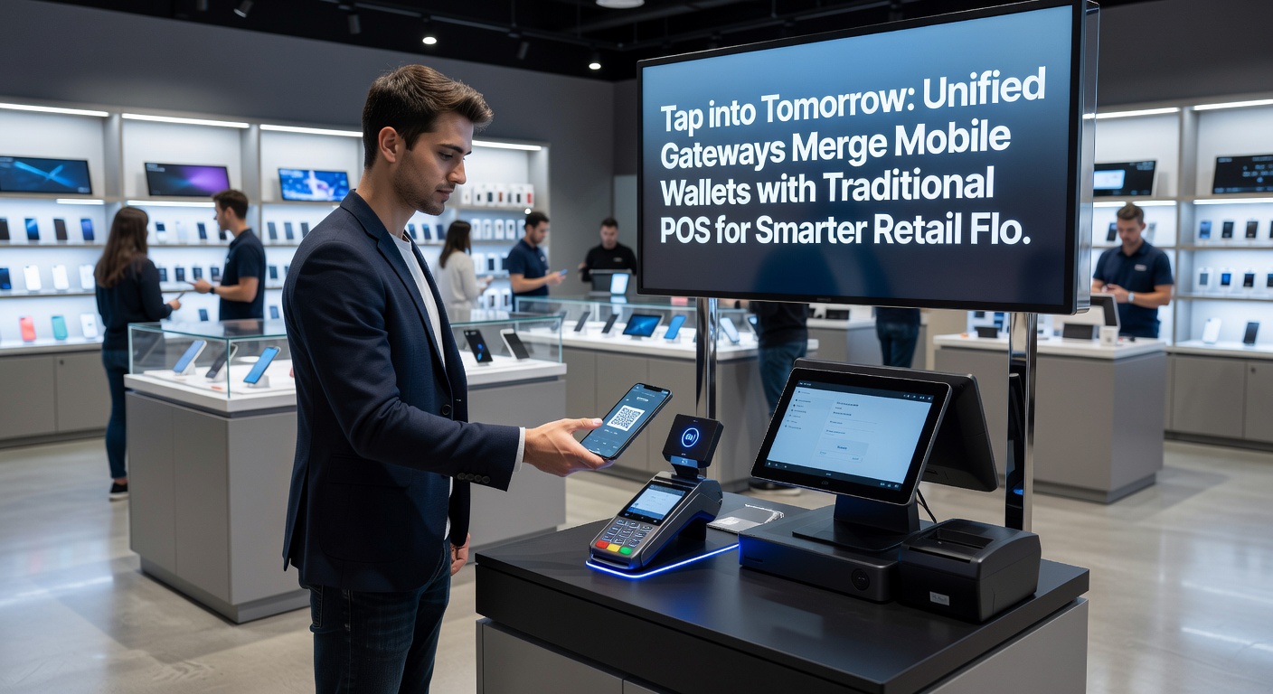 Grafiek en diagram die de integratie van mobiele wallets met POS-terminals illustreren, met pijlen die datastromen tonen tussen apps, gateways en kassa's in een retailsetting