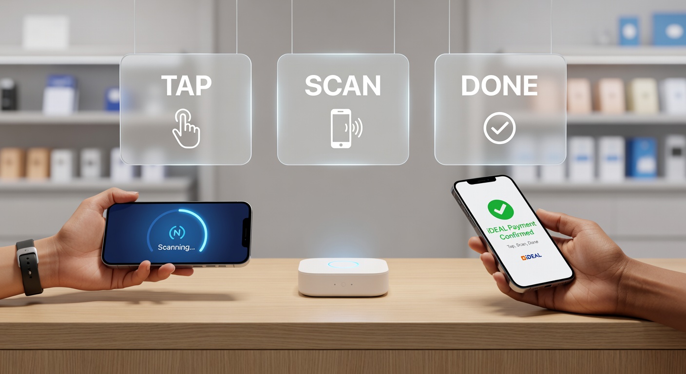 NFC-lezer geïntegreerd met iDEAL-gateway in een moderne winkelkiosk, waar een klant contactloos betaalt