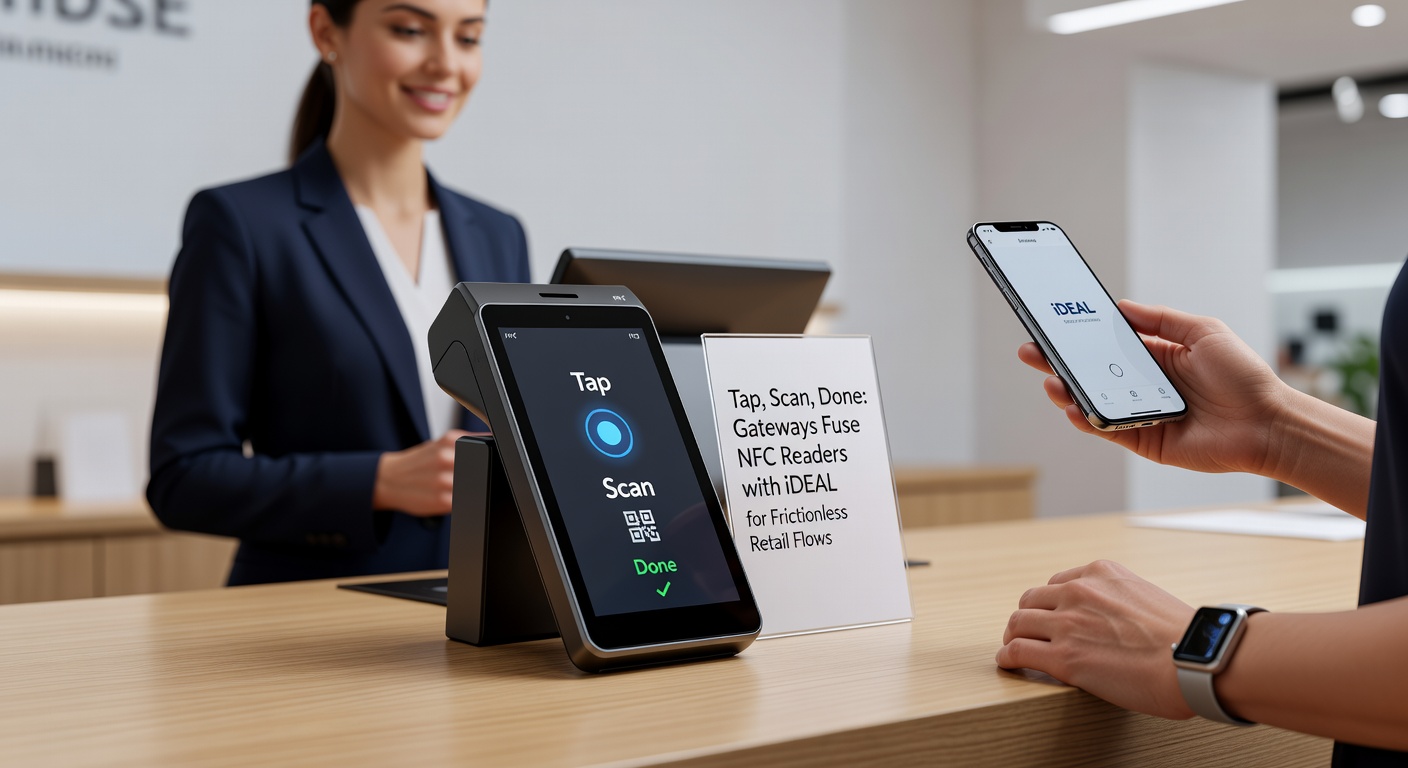 Klanten tappen hun telefoon op een iDEAL-NFC-gateway bij een onbemand tankstation, met soepele transactieflow zichtbaar op het scherm
