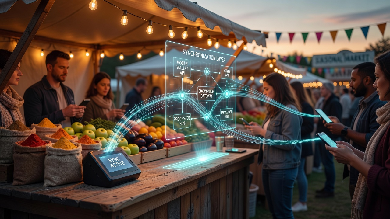 Synchronisatielaag tussen mobiele wallets en transactieverwerkers op seizoensmarkten