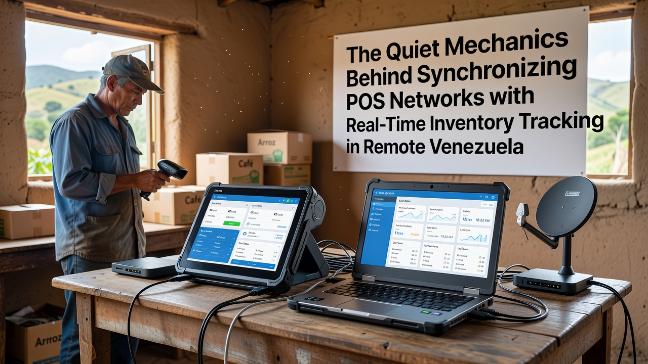 Diagram van realtime synchronisatie tussen POS-terminals, cloudservers en voorraad in vendingmachines op afstand