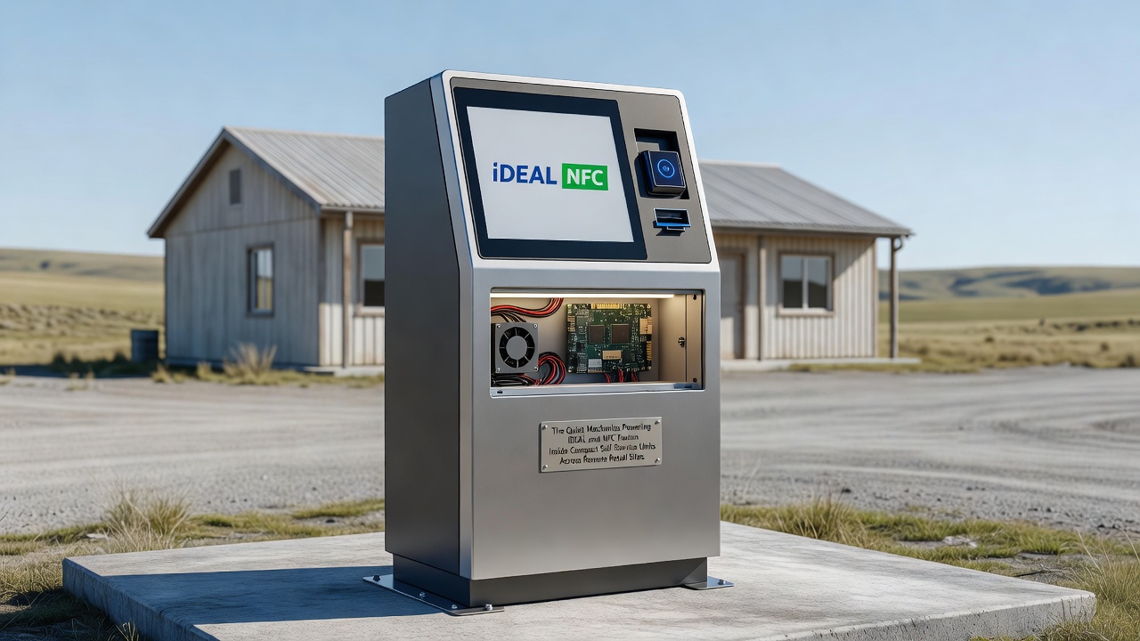 Technische weergave van iDEAL en NFC hardware in een compacte kiosk unit voor remote retail