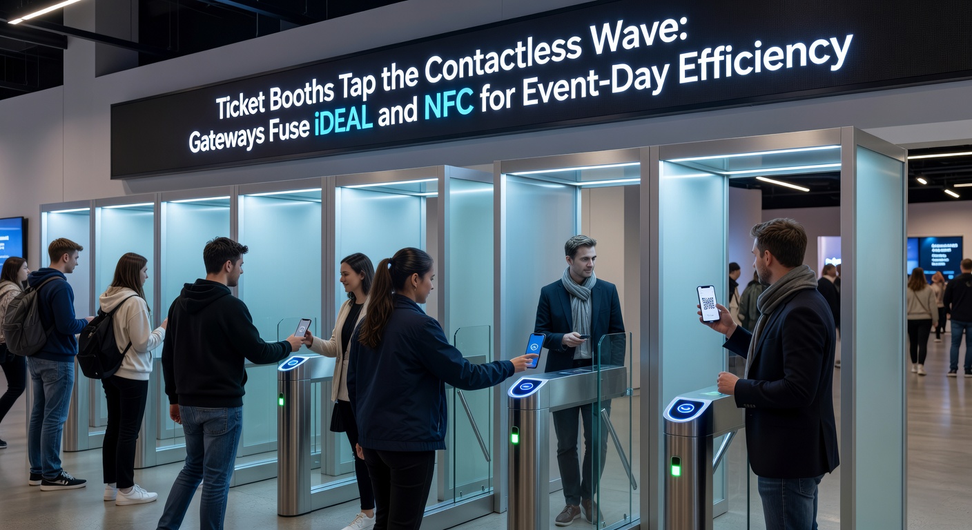 Contactloze betaling bij een evenementenloket met NFC-tap en iDEAL-integratie, waar bezoekers snel tickets scannen en betalen