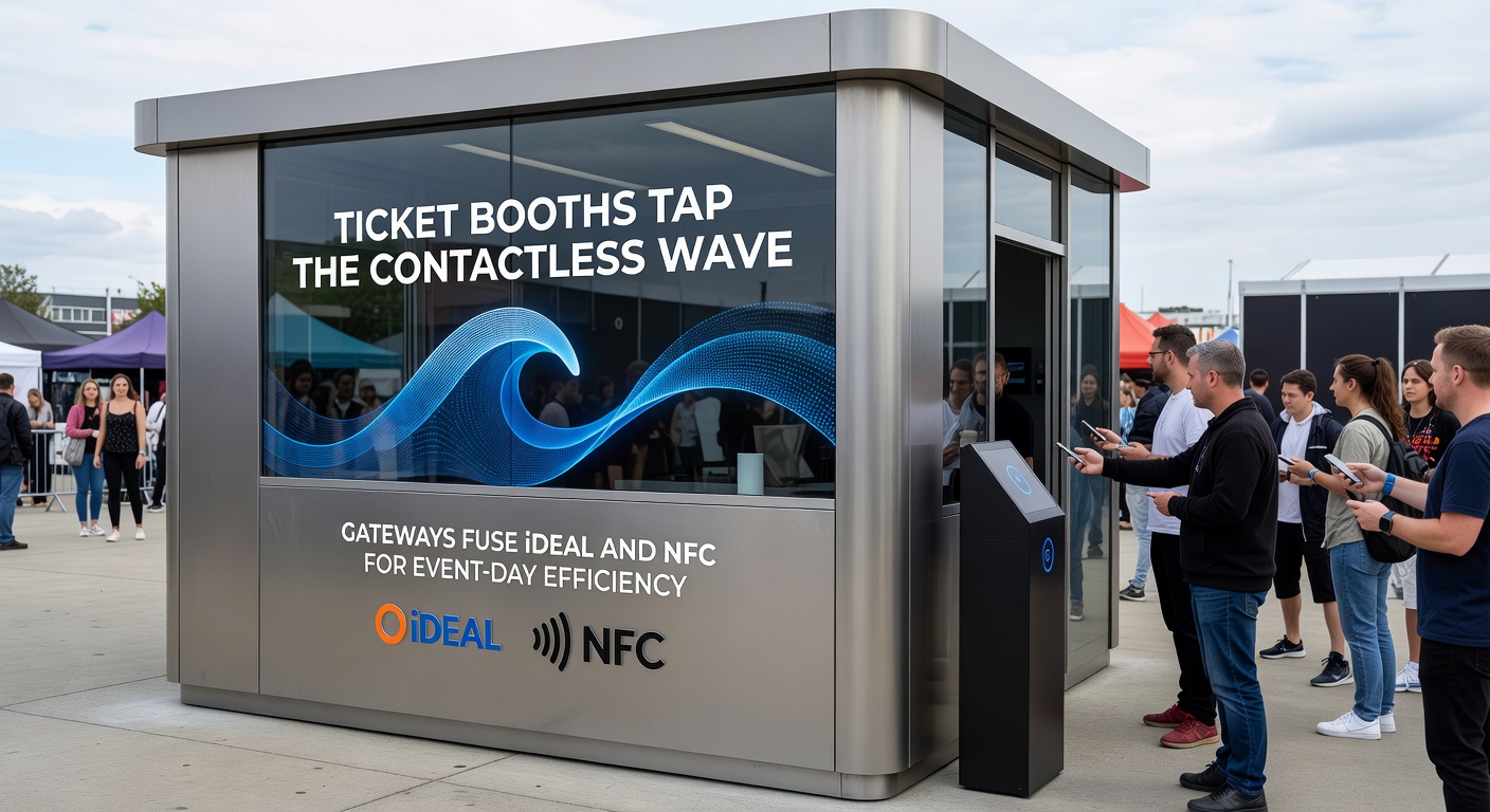 Drukke evenementenloket met gateway-integratie, waar NFC en iDEAL betalingen stroomlijnen en rijen minimaliseren