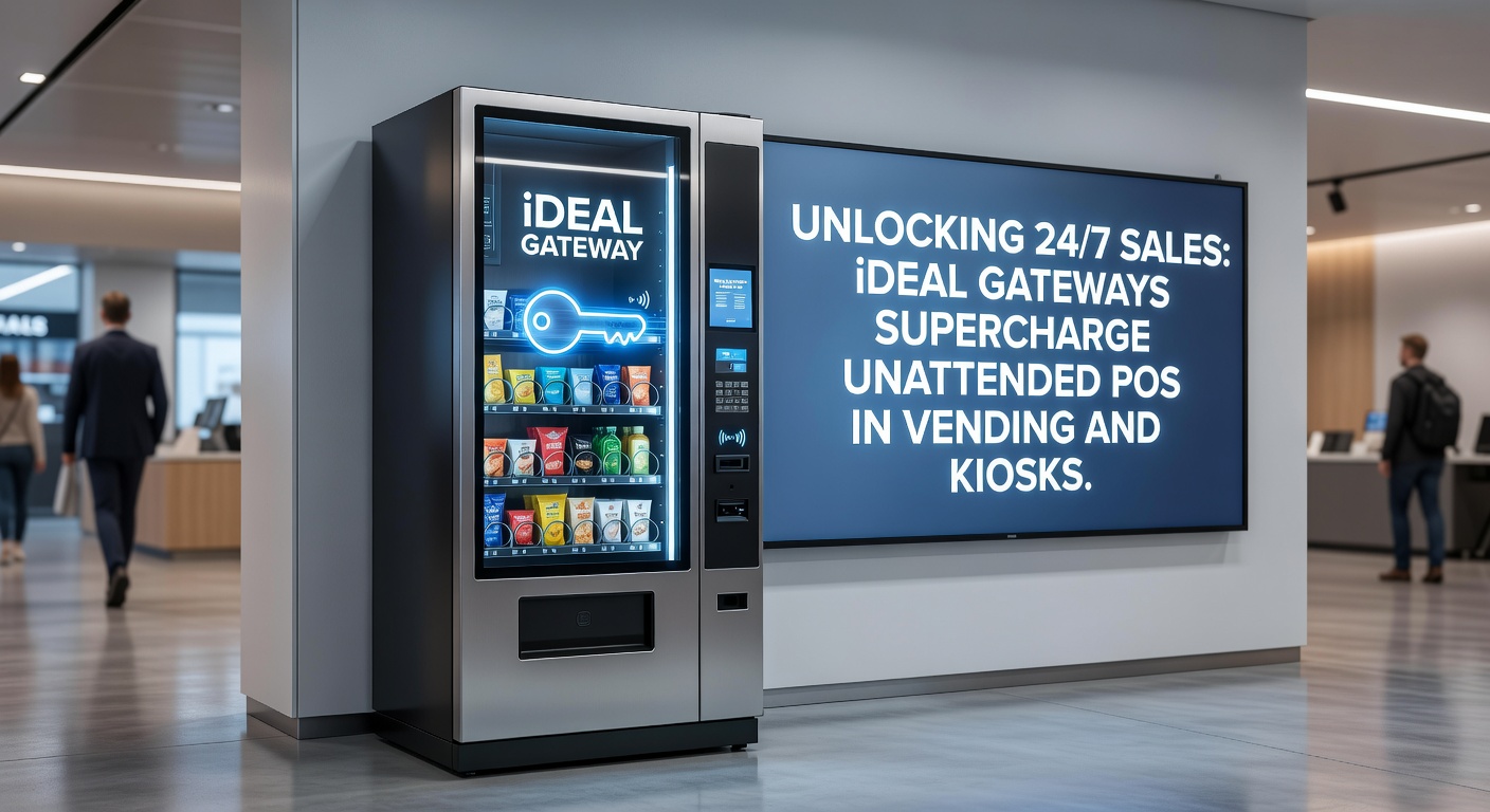 Kiosk met iDEAL-integratie in actie, waar een klant contactloos betaalt voor een product in een drukke winkelstraat